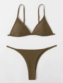 SHEIN Swim Women's Summer Beach Solid Color Spaghetti Strap Sexy Bikini Swimwear Set - Coffee Brown - View 1