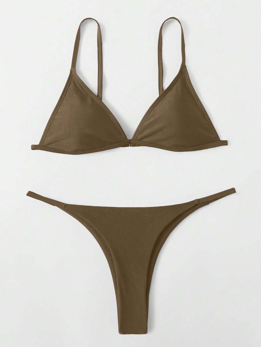 SHEIN Swim Women's Summer Beach Solid Color Spaghetti Strap Sexy Bikini Swimwear Set - Coffee Brown - View 1