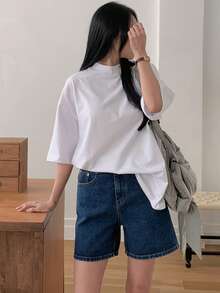 DAZY Women's Loose Casual Business Short Sleeve T-Shirt, Stand Collar, Fashion Office Wear, Spring & Summer - White - View 7