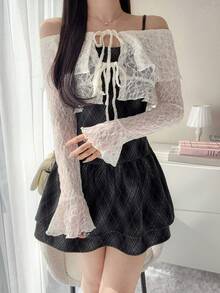 FRIFUL 女士格子荷叶边吊带连衣裙和蕾丝喇叭袖开衫套装，时尚百搭，适合约会和外出 - 白色 - 查看 3