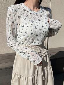 FRIFUL 女士圆领碎花修身长袖上衣 - 白色 - 查看 4