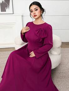 Feyla Plus Size Women's Solid Color Round Neck Long Sleeve Bow Decor Elegant Dress - Burgundy - View 7