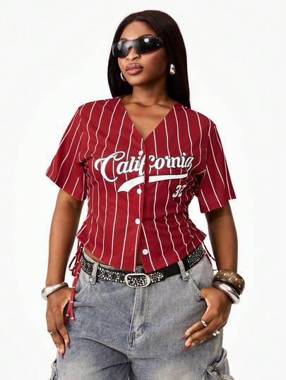 Coolane Summer Outfits  Women's Plus Size Baseball Jersey Corset Style Crop Top With Side Lace Up Detail Pinstripe Pattern Casual Streetwear