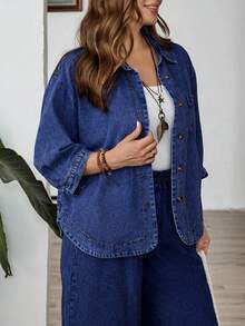 EMERY ROSE EMERY ROSE Blusa vaquera casual versátil de manga 3/4 con botones delanteros para tallas grandes - Azul lavado oscuro - Ver 6