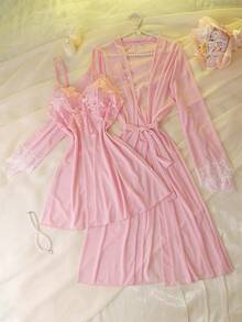 Sexy Lace & Mesh Splice Open Flare Sleeve Mid-Length Robe, Fitted Mini Nightgown Sleepwear Set For Women - Pink - View 7