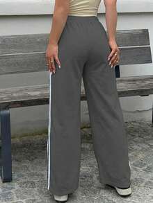 Jeta Ari 女士松紧腰侧条纹阔腿宽松休闲裤 - 深灰色 - 查看 2