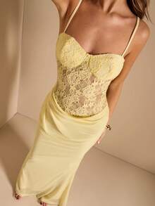 SHEIN BAE 蕾丝拼接无袖网纱鱼尾连衣裙，黄色连衣裙，优雅连衣裙，度假连衣裙，婚礼伴娘迷你裙，生日派对迷你裙，返校及毕业典礼连衣裙 - 黃色 - 查看 6