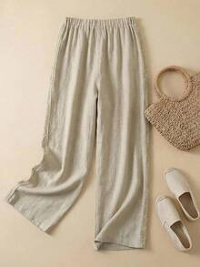 Rusticease Women's Casual Beach Vacation Style Drawstring Waist Contrast Lace Loose Wide Leg Pants - Khaki - View 2