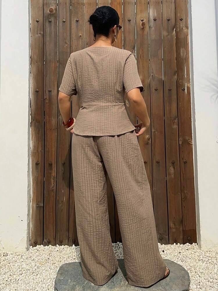 Dazy Plus Plus Size Women Striped Short Sleeve Zip-Up Top And Wide Leg Pants Casual 2 Pieces Set