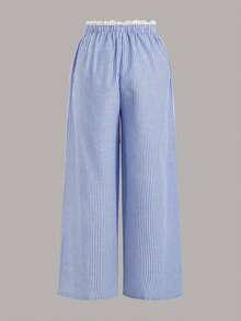 SHEIN EZwear 女士休闲条纹高腰宽松阔腿裤，条纹裤，抽绳裤，阔腿夏季裤，格纹裤，泳衣罩衫裤，女士夏季穿搭，女士春季穿搭，情人节，圣帕特里克节，复活节，女士海滩度假穿搭，外出穿搭，蓝色条纹裤 - 寶藍色 - 查看 2