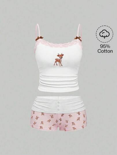 ROMWE J-Fashion 可爱小鹿刺绣蕾丝上衣搭配小鹿印花短裤