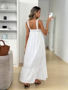 SHEIN LUNE 女士纯色方领荷叶边下摆休闲无袖连衣裙 - 白色 - 查看 3