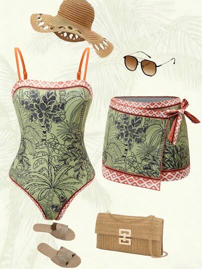 Swim Oasis Women's One-Piece Blue & White Tropical Palm Tree Print Swimsuit, Elegant Casual Beach Vacation Cover-Up Summer Bathing Suits Swimsuits For Woman Summer Vintage Swimsuit Western Bathing Suit Western Swimsuits