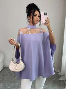 Elenzga Women's Stand Collar Loose Mesh Hollow Out Off Shoulder Blouse - Purple - View 3