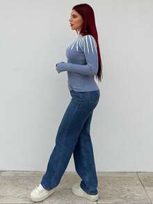 Bearsaez Casual Contrast Stripe Stand Collar Slim Fit Sweater, Autumn/Winter - Dusty Blue - View 6