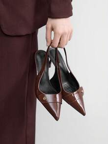 CUCCOO BIZCHIC Women Shoes Four Seasons New Brown Metal Buckle Pointed Toe Thin High Heel Low Vamp Commuter Elegant Fashion Women's High Heel Shoes Back Lift After Slingback Shoes Dew Heel Dinner Party Elegant Office Workers Holiday Wear Women's Shoes - Coffee Brown - View 5