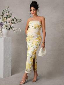 SHEIN 印花开衩长款孕妇连衣裙，优雅 - 黃色 - 查看 4