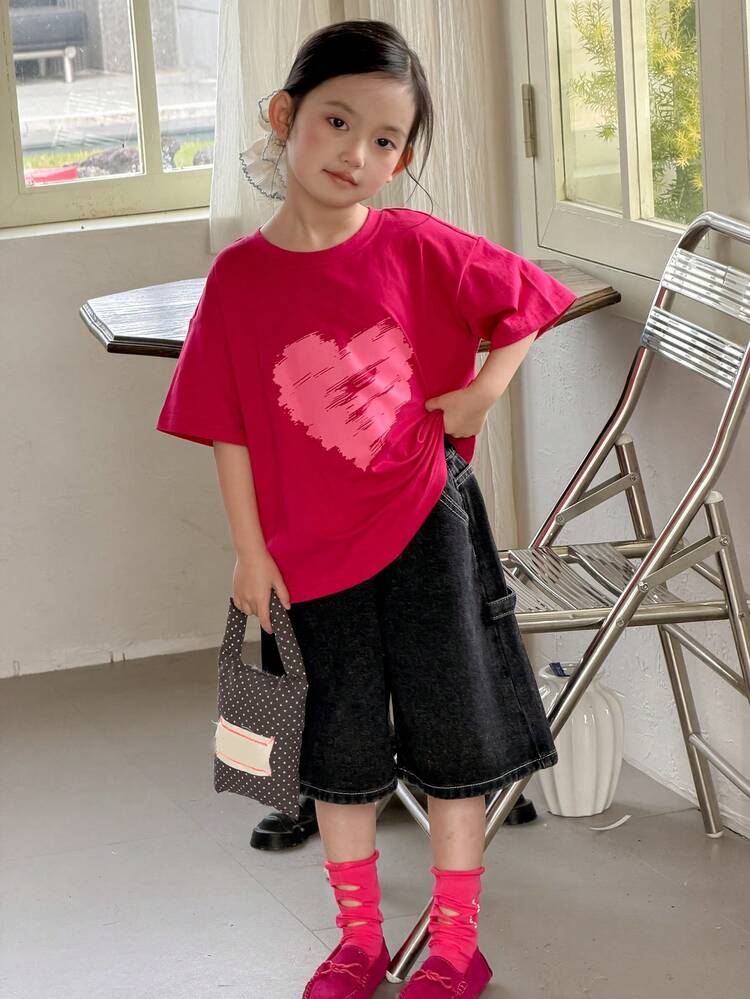 Young Girls Round Neck Solid Color Casual Heart Graphic Short Sleeve T-Shirt Summer