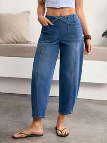 Breezaya 女士休闲水洗抽绳腰胡萝卜牛仔裤 - 深色水洗藍 - 查看 1