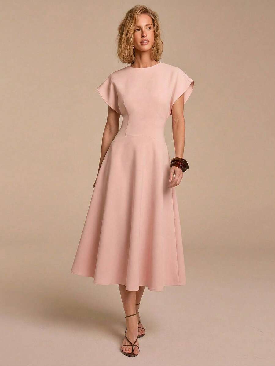 COSMINA A-Line Half Sleeve Batwing Midi Dress, Casual Commute Elegant Retro Vacation Swing Dress - Baby Pink - View 1