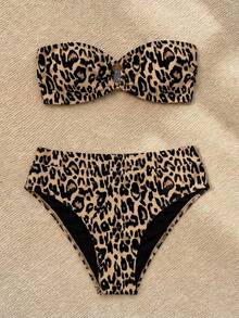 SHEIN VCAY 女士豹纹抹胸无肩带比基尼泳衣套装，适合夏季海滩度假、夏季服装、情人节、女士度假装、女士海滩装、节日、浪漫、波西米亚风、甜美、锐舞节装、热带度假女士服装、嘉年华、女士泳装、女士泳衣、抹胸上衣 - 彩色 - 查看 3