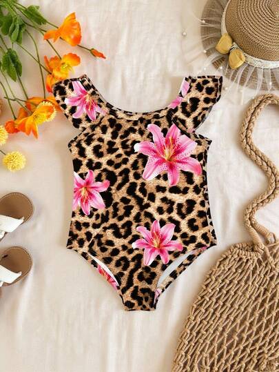 SHEIN Leopard Print, Hibiscus, Flame Of The Forest, Beach Vacation, #Coconutgirl, Baby Girls Casual Slim-Fit Spaghetti Strap One-Piece Swimsuit, Suitable For Summer, Princess Chic, Little Stars, Baby Girl Swimwear, Vacay Romance
