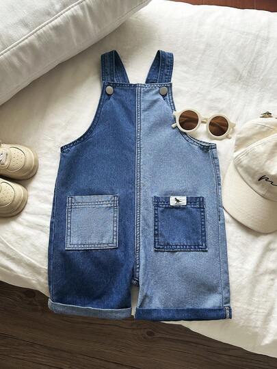 幼儿男童休闲牛仔背带裤，新款撞色水洗蓝色牛仔背带裤