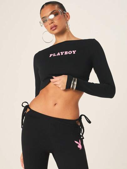 Missguided x Playboy 长袖露肩短款上衣，后背系带设计，黑色露肩logo T恤，适合秋冬季休闲街头服饰。