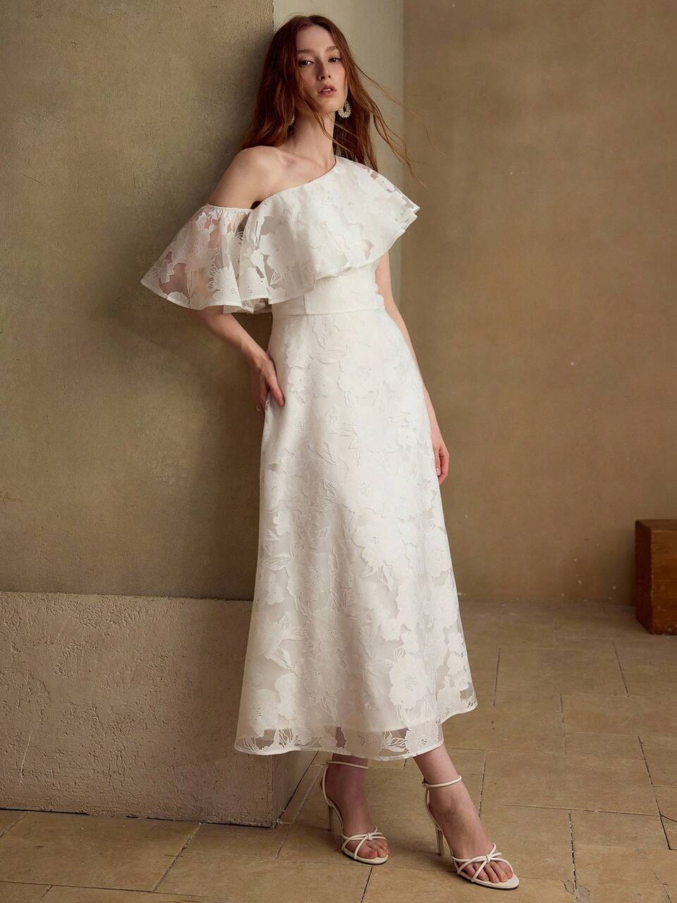 WOMEN'S RUFFLED SHOULDER TEXTURED FABRIC MID-LENGTH CASUAL/DATE DRESS, SPRING/SUMMER