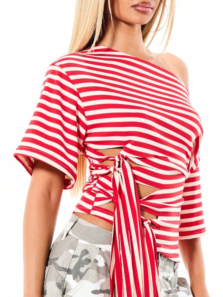 SUMWON Women's Red And White Striped Off Shoulder Cut Out Tie Detail Asymmetric Top With Fringe