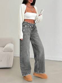 EURMUSE LOW RISE STRAIGHT CUT ASYMMETRIC BELT JEAN - Grey - View 5