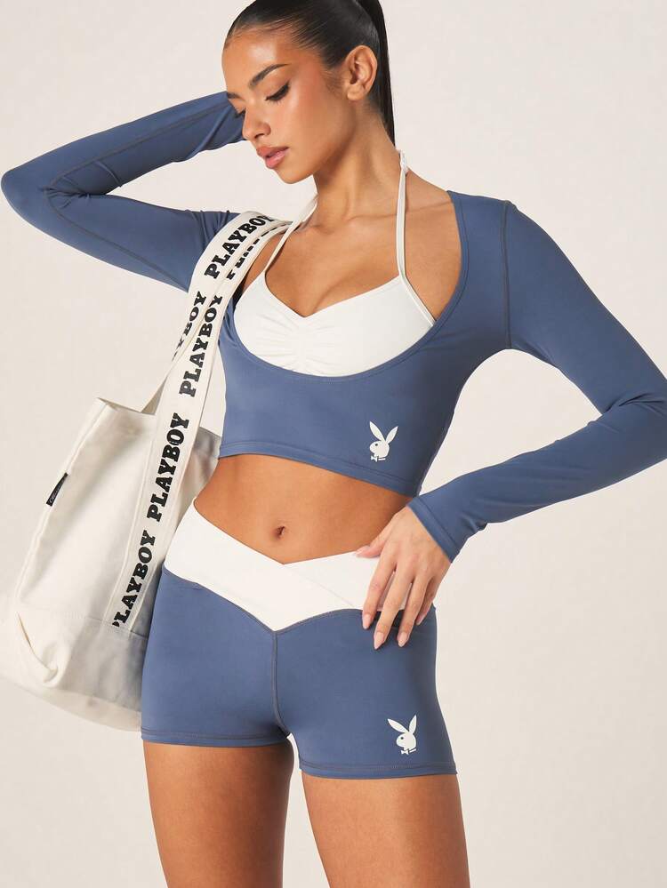 Missguided x Playboy Bunny Logo Color Block Long Sleeve Crop Top With High Rise Fitted Shorts Set Athleisure Loungewear Two Piece Outfit