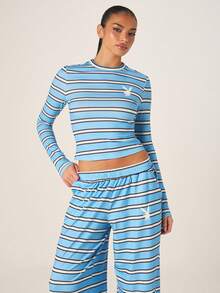 Missguided x Playboy 条纹长袖露脐上衣阔腿裤两件套搭配服装秋冬休闲家居服 - 彩色 - 查看 5