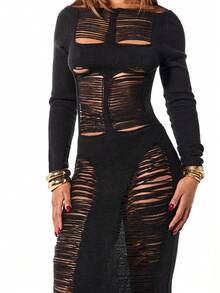 SUMWON WOMEN Distressed Knitted Maxi Dress Long Sleeve Open Back Bodycon Evening Dress With Cut Out Details And Cross Embellishment For Party Occasions - Black - View 4