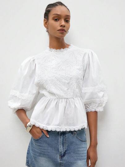 Maija Women's Casual Versatile Solid Color Petal Sleeve Shirt St Patrick's Day Women Easter Summer Easter Women Party Top Beach Summer Holiday Each Vacation For Women Summer For Women Going Out Graduation Graduation Casual Casual Blouses For Women, Spring Outfit, Summer Tops , Summer Outfits, Summer Outfit For Women, Spring Outfit Women, Beach Outfit For Women, Elegant Women's Blouses , Casual Blouses For Women, Holiday Outfits, Vacation Outfits For Women , Beach Vacation Outfits For Women , Coconut Tree Embroidery, Puff Sleeve Lace-Trimmed Women's Blouse