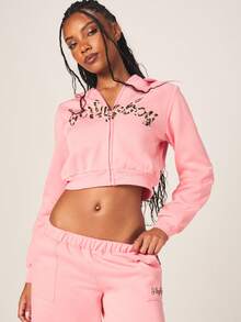 Missguided x Playboy 女士豹纹印花长袖抽绳连帽拉链卫衣，适合秋冬季休闲穿着 - 粉色 - 查看 1
