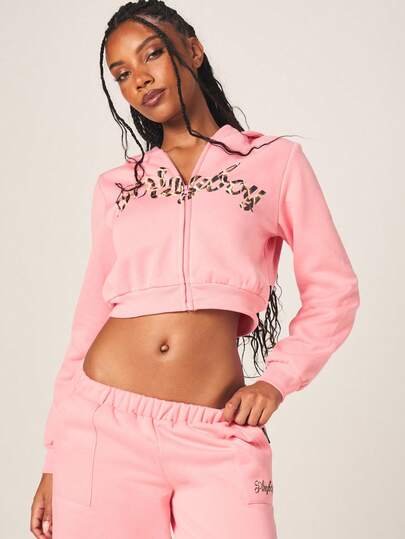 Missguided x Playboy Women's Zip Up Hoodie With Leopard Print Text Long Sleeve Drawstring Hood Casual Fall Winter Sweatshirt