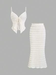 SHEIN Sweetro 2pcs Textured Camisole Top With Tie Straps & Ruffle Hem + Long Skirt Set - Apricot - View 1