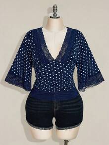 SHEIN ICON Áo cỡ lớn phong cách Y2K chấm bi gợi cảm cổ chữ V phối ren tay loe - Màu xanh hải quân - Xem 10