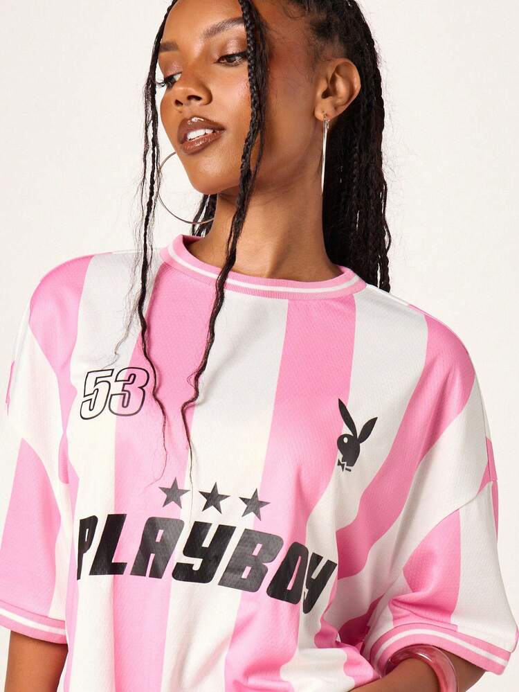Missguided x Playboy Logo Stripe Oversized Jersey Short Sleeve Crew Neck T Shirt With Stars Print