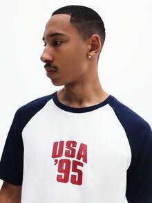 SUMWON Men Raglan Sleeve Slim Fit Baseball T Shirt With Chest Print USA 95 Varsity Casual Short Sleeve Crew Neck - Blue - View 5