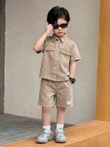 Bộ 2 món áo sơ mi và quần short denim kaki cho bé trai - Màu Khaki - Xem 5