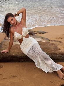 Opulessa Women's Hollow-Out Knit Dress, Suitable For Spring/Summer Vacation - Apricot - View 5