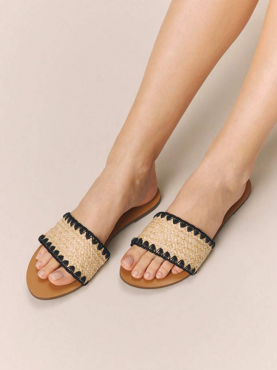 Styleloop Stylish Woven Sandals With Flat Bottom, Comfortable Mules Sandals, Holiday Style Sandals, Flat Sandals, Beach Sandals Summer - Black - View 1