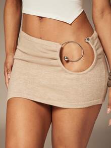 Denimoi O-Ring Detail Knit Mini Skirt Vacation Outfits Sexy Skirts Ibiza European Summer - Khaki - View 2