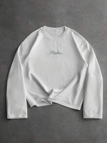 PAVTROS Men's Casual Fashionable Street Slogan Embroidery Print Loose Fit Long Sleeve T-Shirt, Suitable For Spring And Autumn Daily Commute - White - View 3