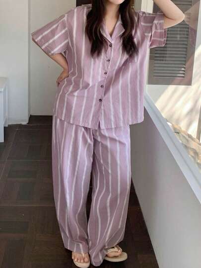 Dazy Plus 2件套女士加大码条纹宽松短袖上衣和长裤睡衣套装，紫色可爱睡衣，春夏款