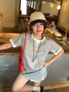 DAZY 女士撞色圆领短袖T恤和迷你裙套装，韩版少女夏季两件套 - 灰色 - 查看 6