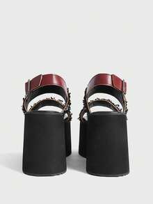Sugerpunk Giày sandal đế xuồng phong cách punk gợi cảm và thanh lịch dành cho nữ, kiểu dáng Gothic với sọc ngọc trai, quai đôi, gót chunky kiểu La Mã, khóa kim loại co giãn ở mắt cá chân, hở mũi, thích hợp cho tiệc tùng, hộp đêm, lễ hội. - Màu Đỏ Sâu - Xem 3