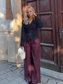 Jeta Ari Áo len dệt kim dài tay cổ chữ V thời trang retro màu đỏ tía cho nữ - Màu xanh hải quân - Xem 5